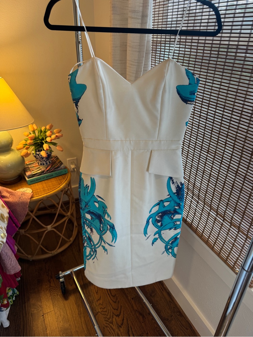 White Strapless Sheath Dress with Teal Floral Print